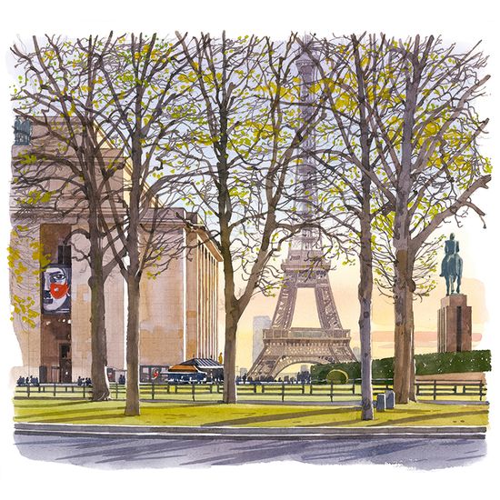 Aquarelle de Fabrice Moireau, Place du Trocadero, Paris